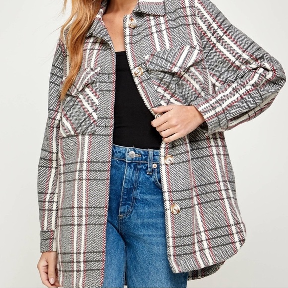 Ellison Jacket plaid tweed trendy front button cream gray sz Large lined - Picture 2 of 10